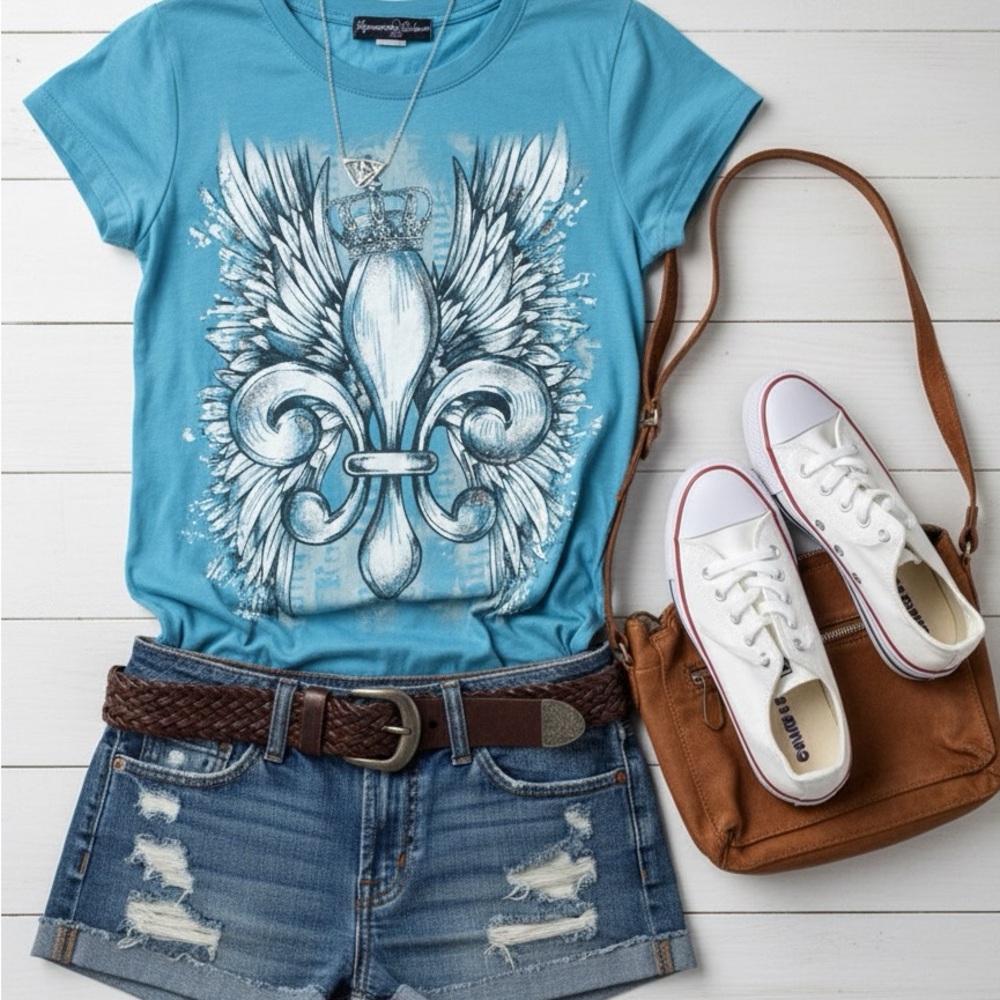 💙 Appropriate Behavior Y2K Angel Wings Fleur de Lis Tee - Small ⚜️